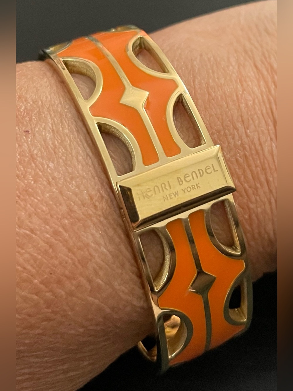 EUC Henri Bendel Orange Enamel Gold-Tone Hinged Bracelet